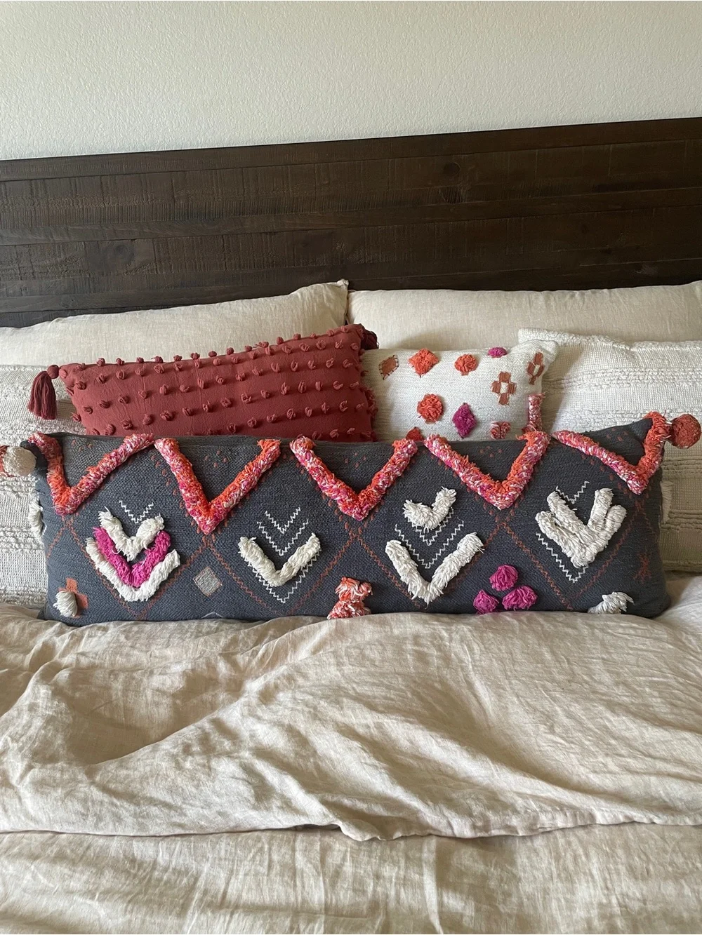 Anthropologie Charcoal Lumbar Pillow with Coral, Pink & Cream Accents